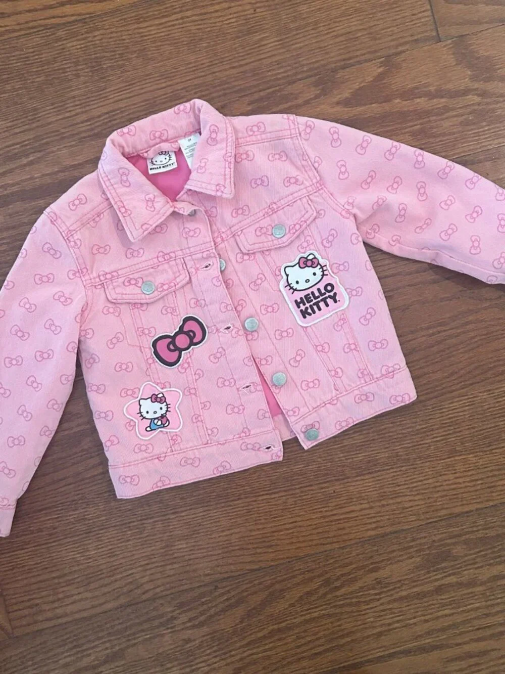 Hello Kitty Little Girls Size 3T Pink Denim Jacket Patches Pink Bows